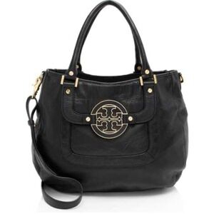 Tory Burch Amanda Black Pebbled Leather Hobo Satchel Crossbody Bag Gold Hardware